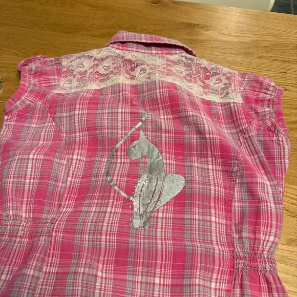 Baby Phat Y2K Pink Plaid Lace Button Front Top Size M - Picture 11 of 12